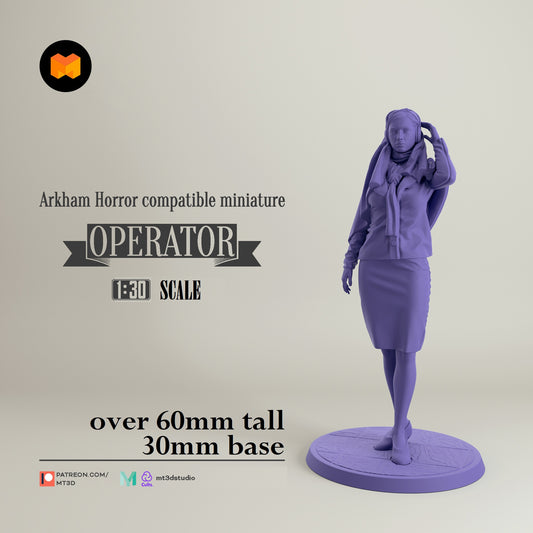 Image shows a 3D render of a 1920s era phone operator gaming miniature.