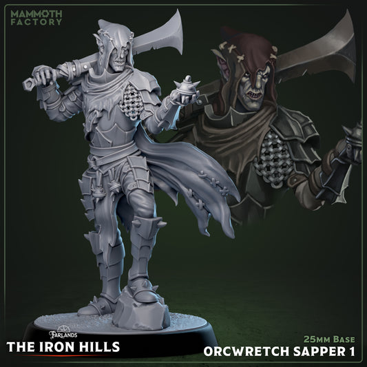 Image shows a 3D render of a orc demolitionist gaming miniature.
