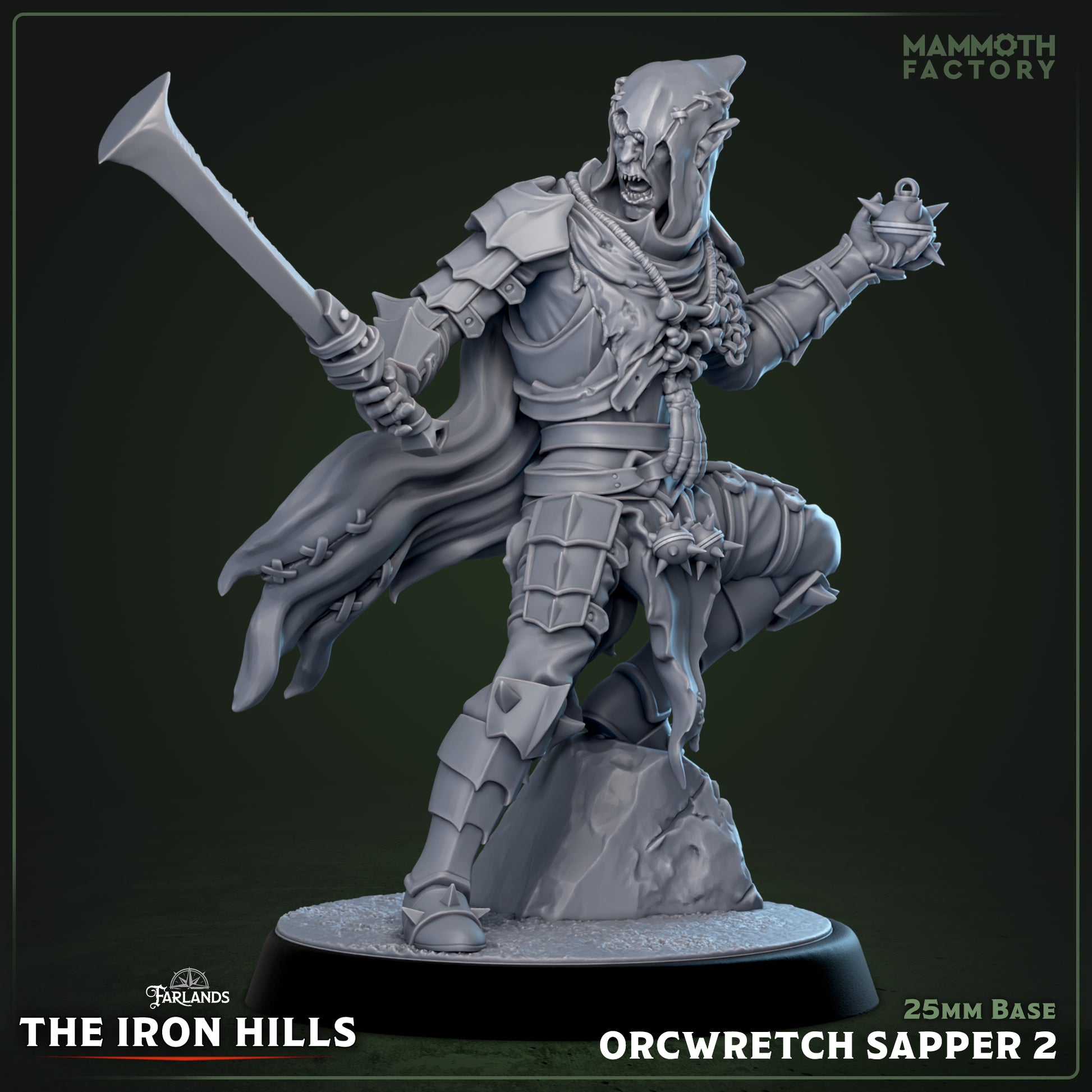 Image shows a 3D render of a orc demolitionist gaming miniature.