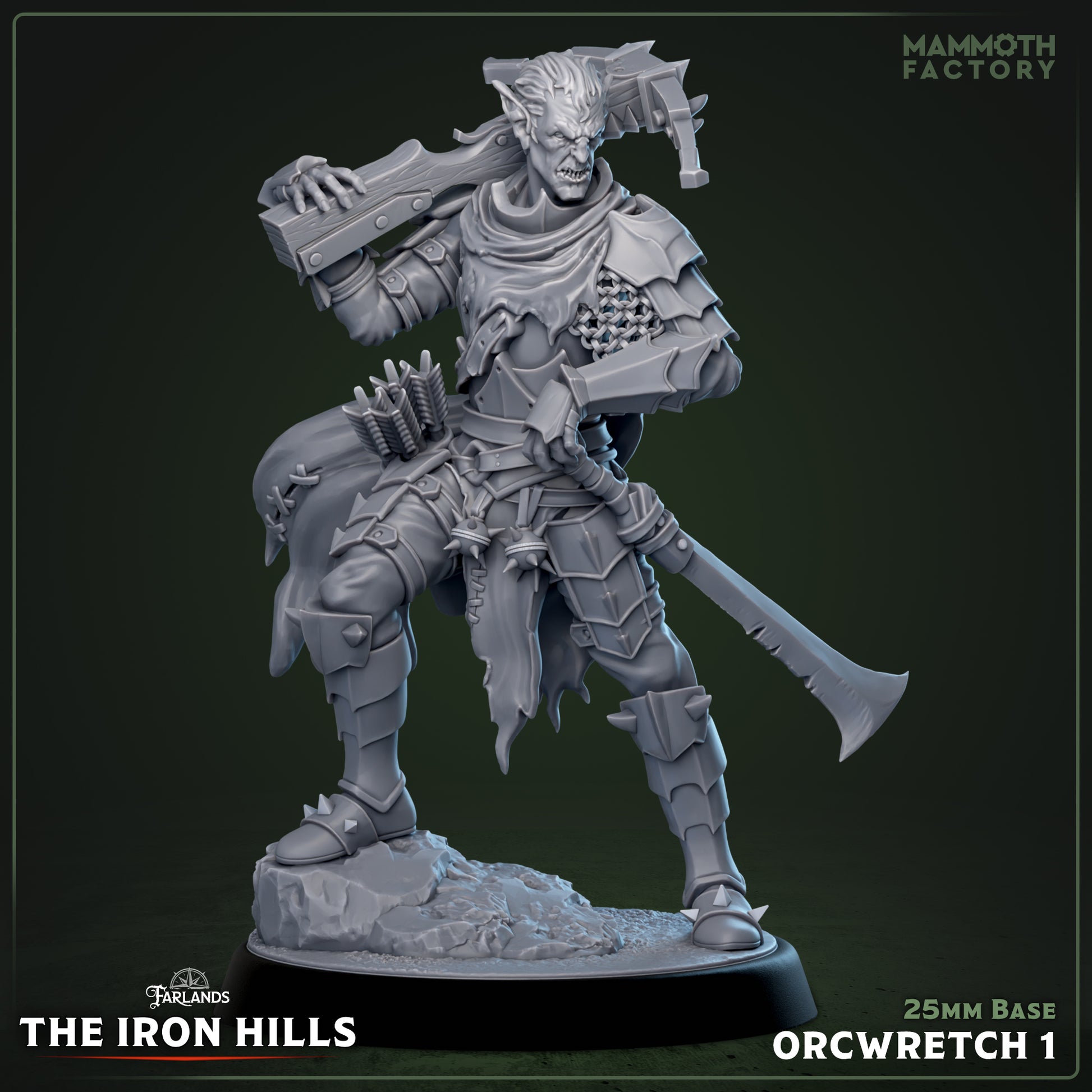 Image shows a 3D render of a orc arbalist gaming miniature.