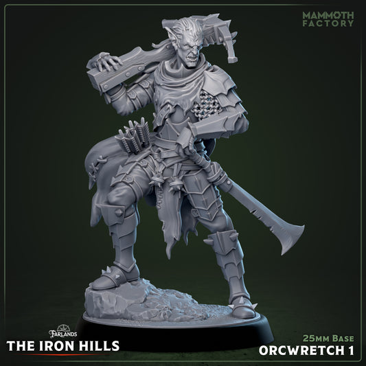 Image shows a 3D render of a orc arbalist gaming miniature.