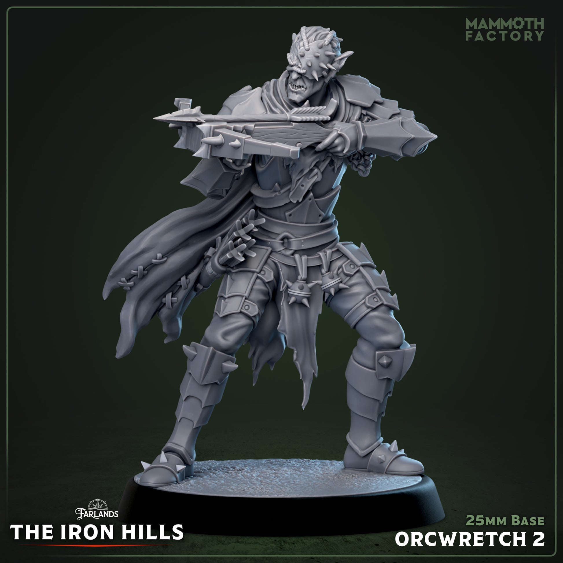 Image shows a 3D render of a orc arbalist gaming miniature.