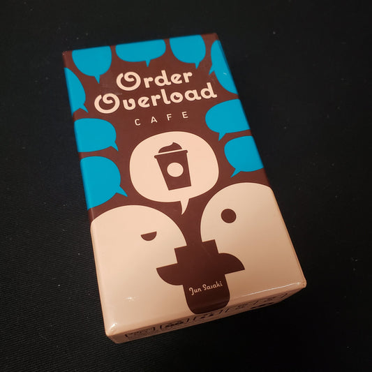 Image shows the front cover of the box of the Order Overload: Cafe card game