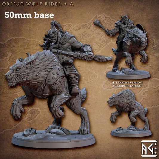 Image shows 3D renders of two sculpt options for a direwolf cavalry unit gaming miniature and one sculpt of the wolf with no rider