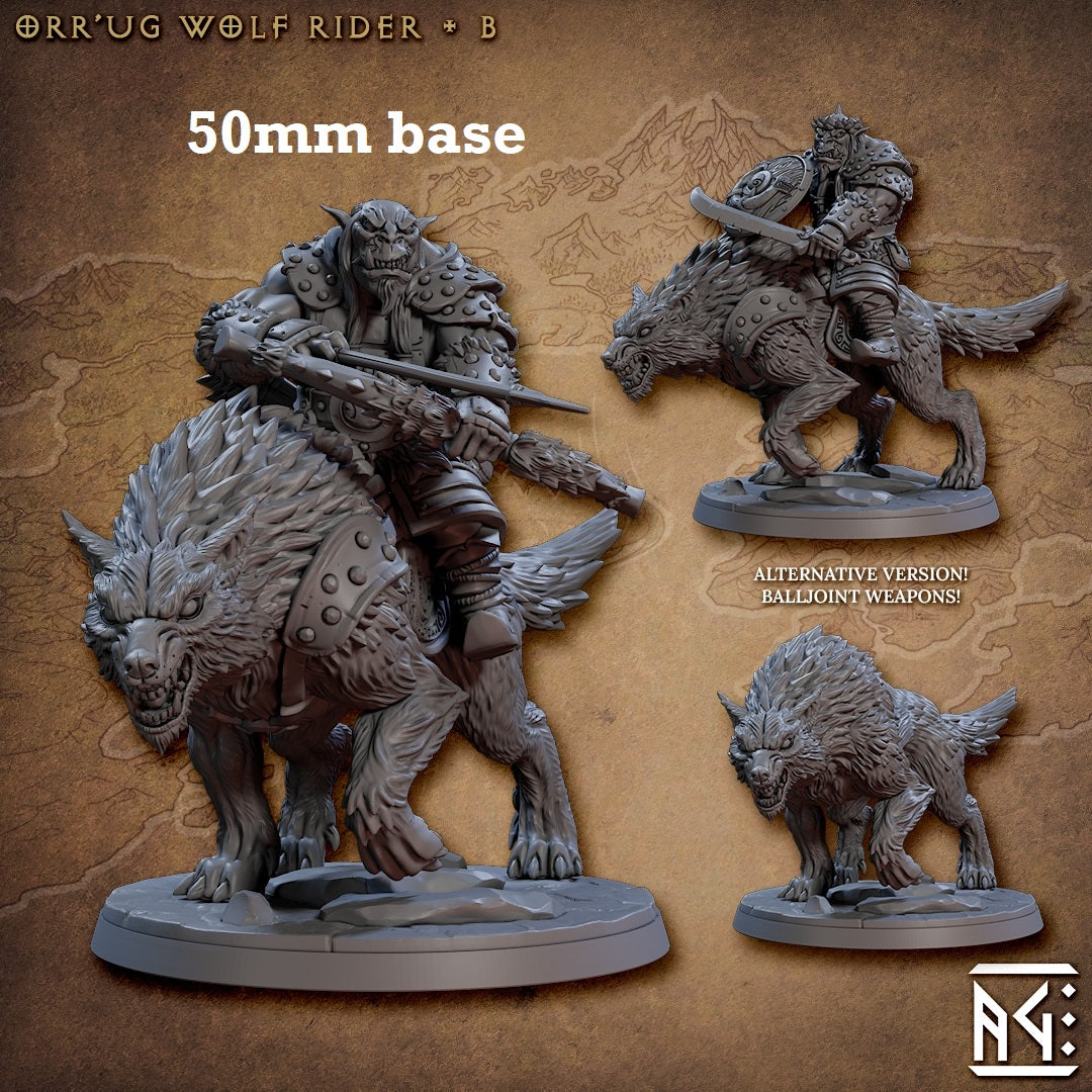 Image shows 3D renders of two sculpt options for a direwolf cavalry unit gaming miniature and one sculpt of the wolf with no rider
