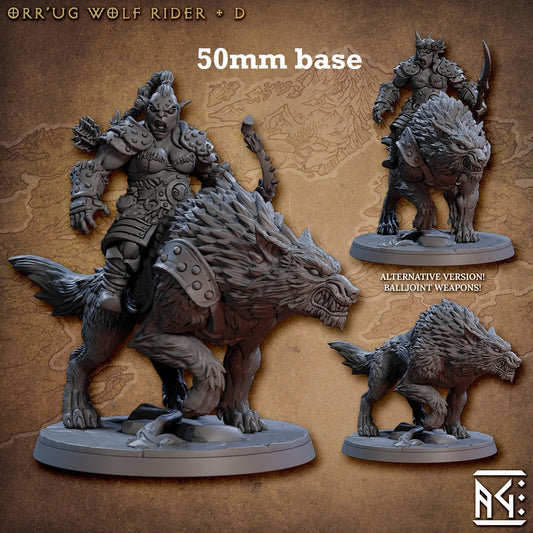 Image shows 3D renders of two sculpt options for a direwolf cavalry unit gaming miniature and one sculpt of the wolf with no rider