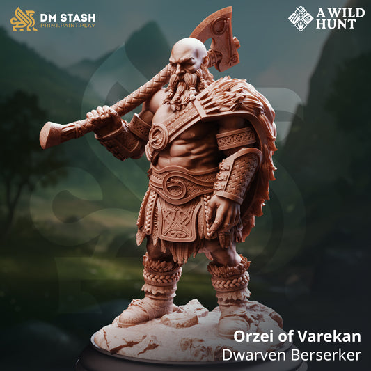 Image shows a 3D render of a dwarf berserker gaming miniature.