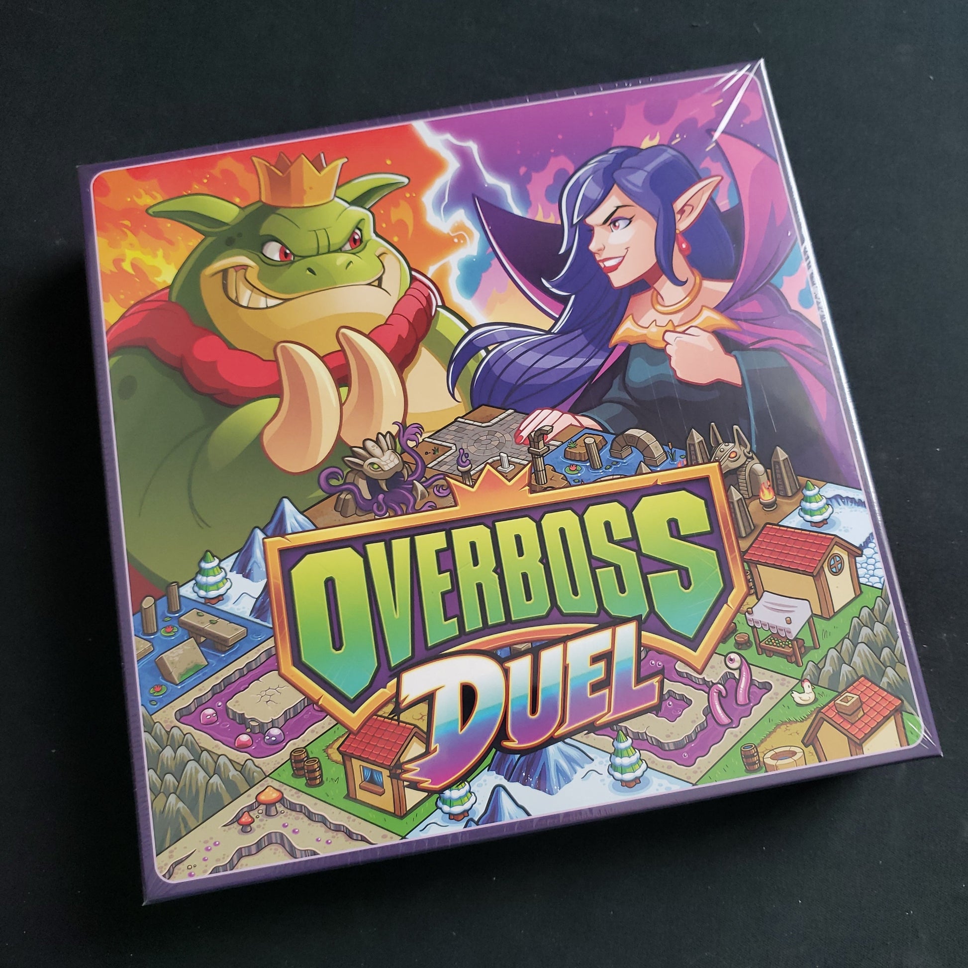 Image shows the front cover of the box for the Overboss Duel board game