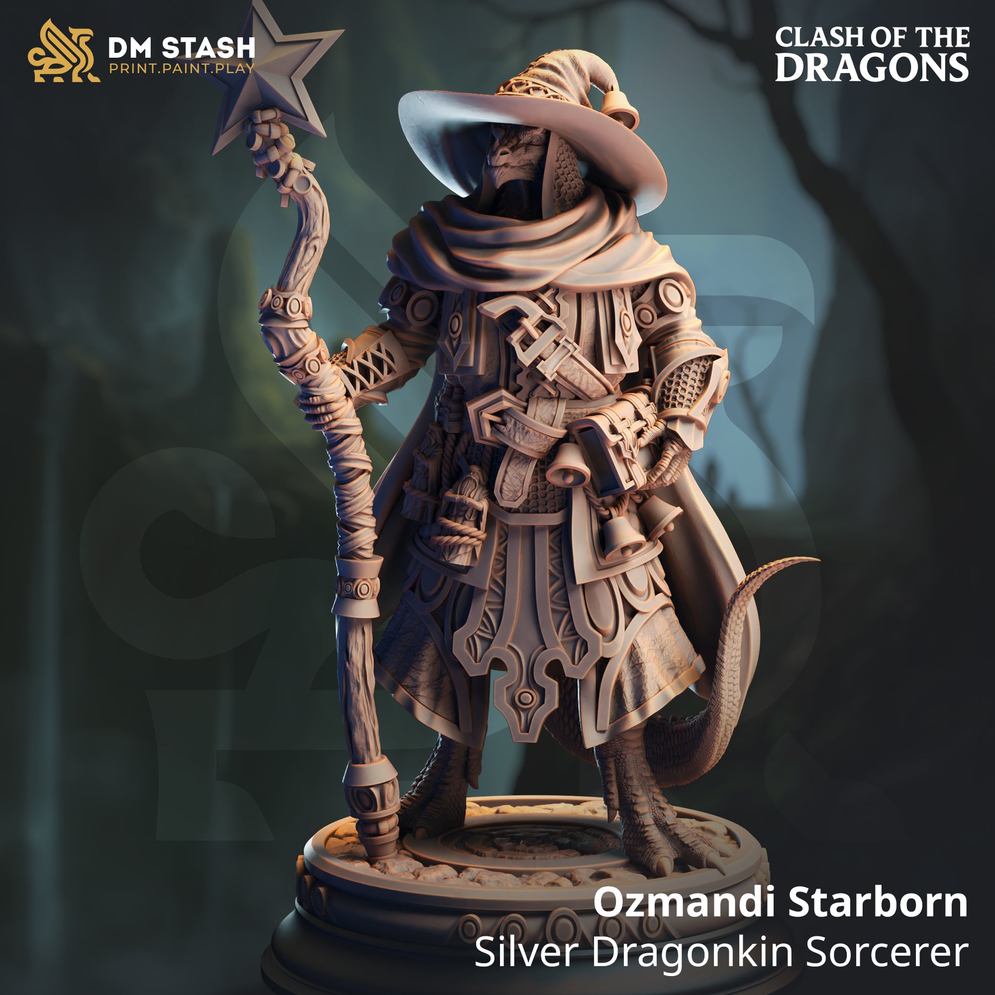 Image shows a 3D render of a dragonborn sorcerer gaming miniature.