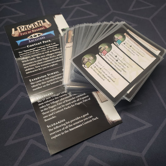 Image shows the fanned-out cards & instruction sheet for the Ancestors Content Pack expansion for the card game Pagan: Fate of Roanoke