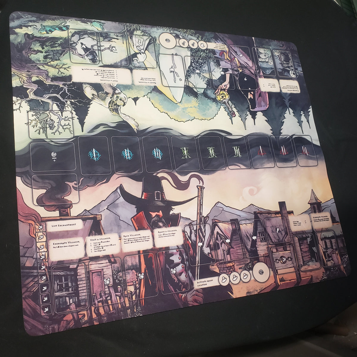 Image shows a two-player gaming playmat for the card game Pagan: Fate of Roanoke