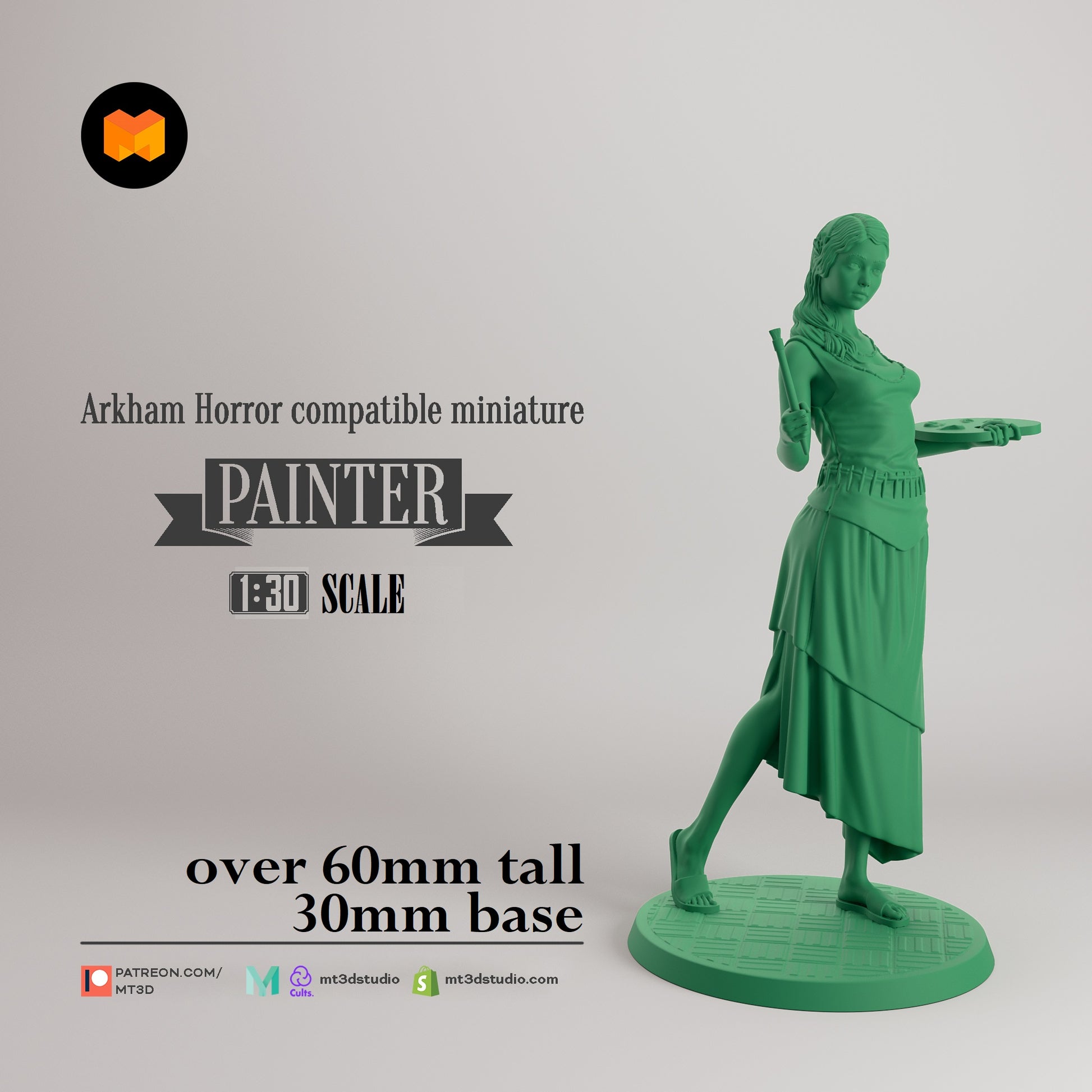 Image shows a 3D render of a 1920s era painter gaming miniature.