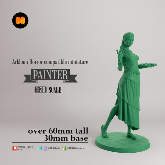 Image shows a 3D render of a 1920s era painter gaming miniature.