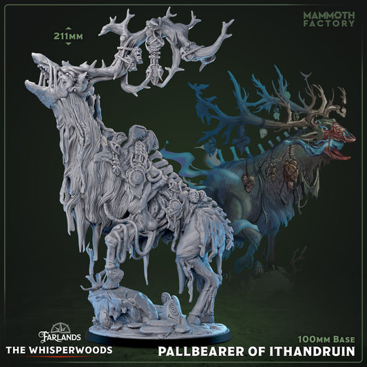 Image shows a 3D render of a decaying elk forest elemental gaming miniature.