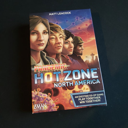 Image shows the front cover of the box of the board game Pandemic: hot Zone - North America