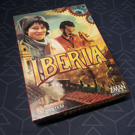 Image shows the front cover of the box of the Pandemic: Iberia board game