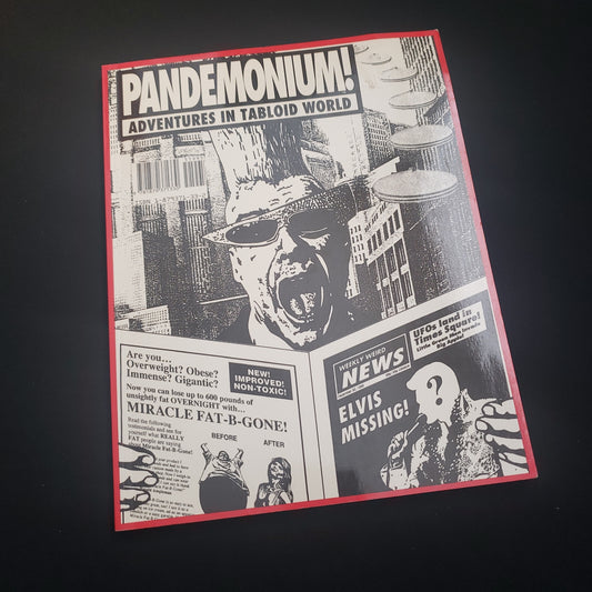 Image shows the front cover of the Pandemonium: Adventures in Tabloid World roleplaying game book