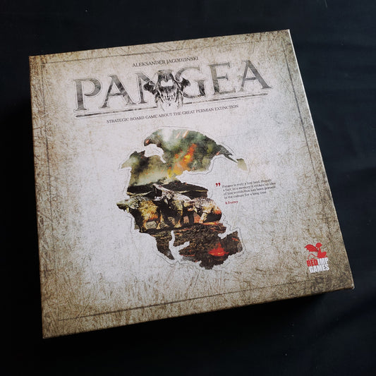 Image shows the front cover of the box of the Pangea board game