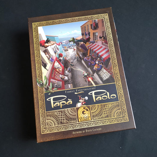 Image shows the front cover of the box of the Papa Paolo board game