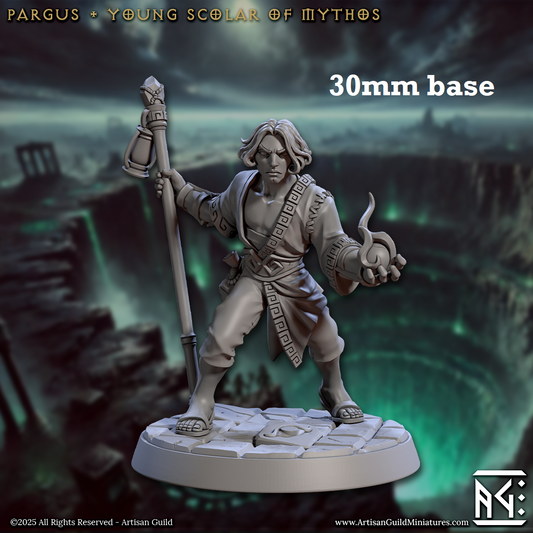 Image shows a 3D render of a human wizard gaming miniature