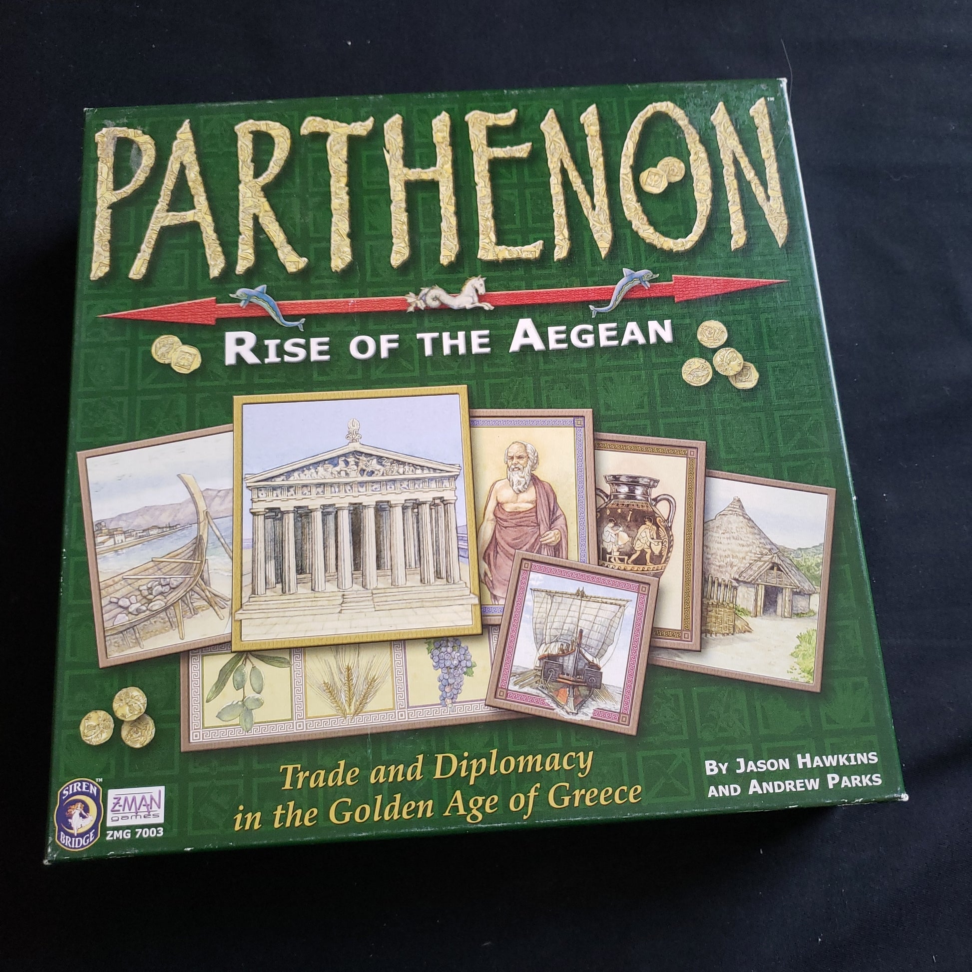 Image shows the front cover of the box of the Parthenon: Rise of the Aegean board game