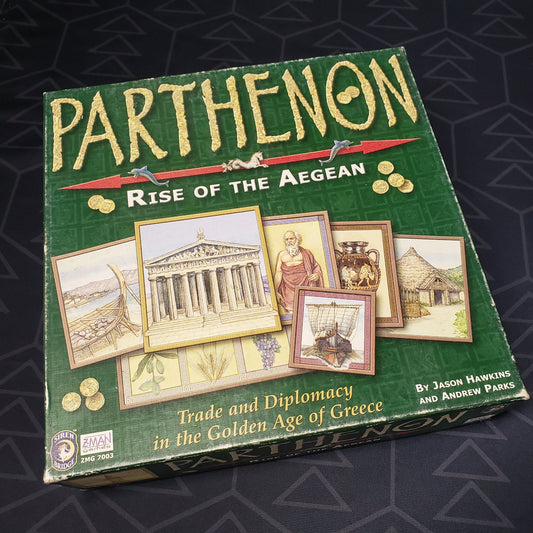 Image shows the front cover of the box of the Parthenon: Rise of the Aegean board game