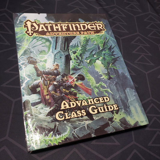 Image shows the front cover of the Advanced Class Guide book for the roleplaying game Pathfinder 1E