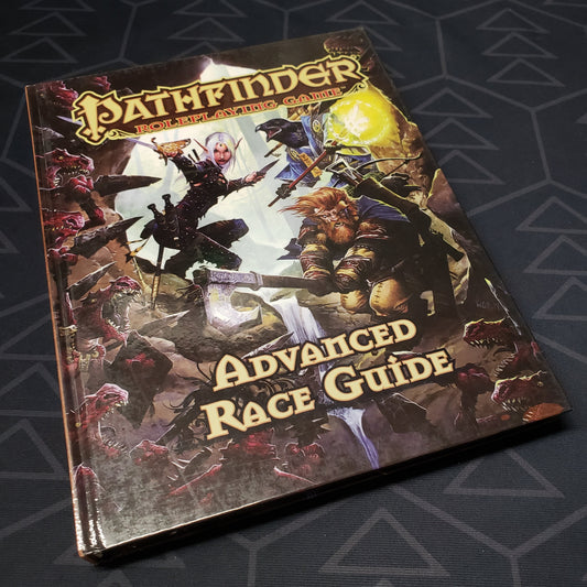Image shows the front cover of the Advanced Race Guide book for the roleplaying game Pathfinder: First Edition