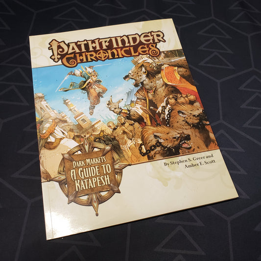 Image shows the front cover of the Chronicles: Dark Markets - A Guide to Katapesh book for the roleplaying game Pathfinder 1E