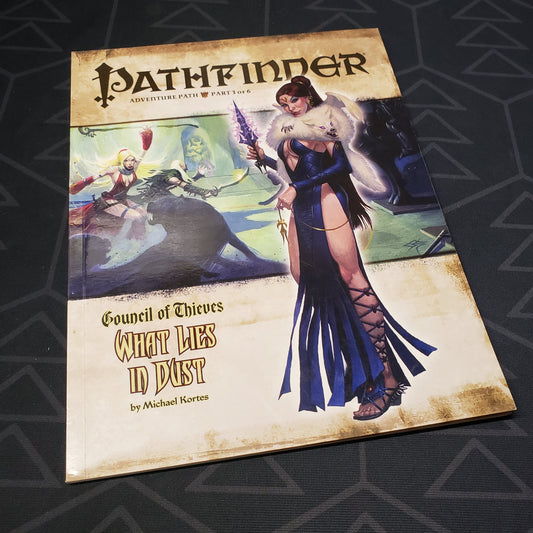 Image shows the front cover of the Council of Thieves #3: What Lies in Dust book for the roleplaying game Pathfinder 1E