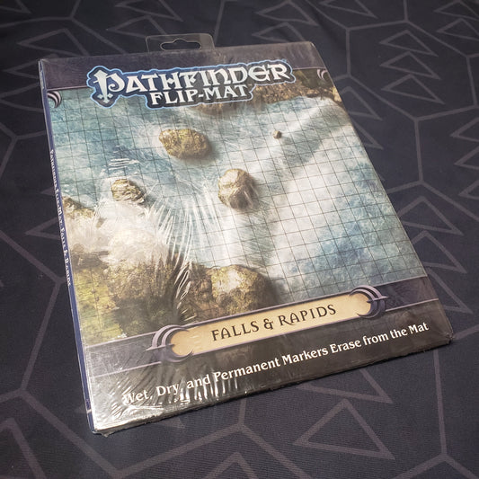 Image shows the front of the packaging of the Flip-Mat: Falls & Rapids map folio for the roleplaying game Pathfinder 1E