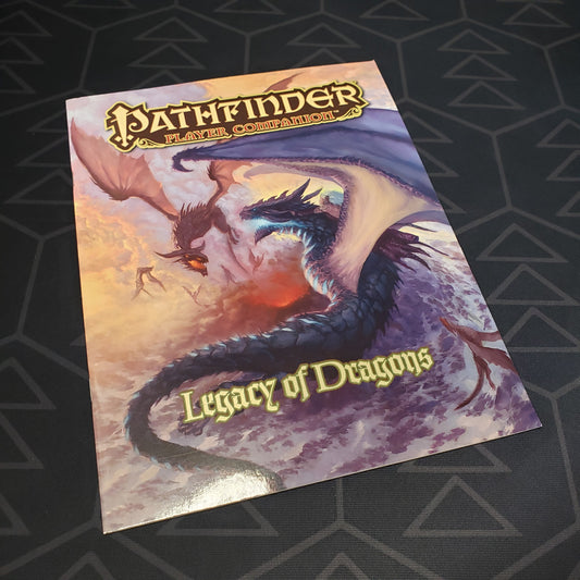 Image shows the front cover of the Legacy of Dragons book for the roleplaying game Pathfinder: First Edition