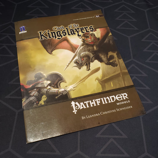 Image shows the front cover of the Clash of the Kingslayers book for the roleplaying game Pathfinder 1E