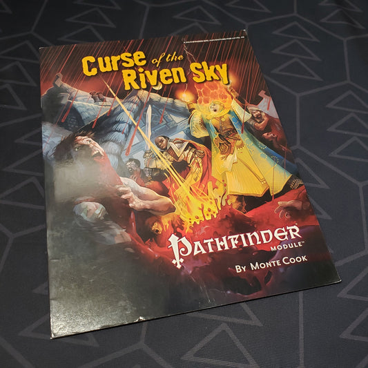 Image shows the front cover of the Curse of the Riven Sky book for the roleplaying game Pathfinder 1E