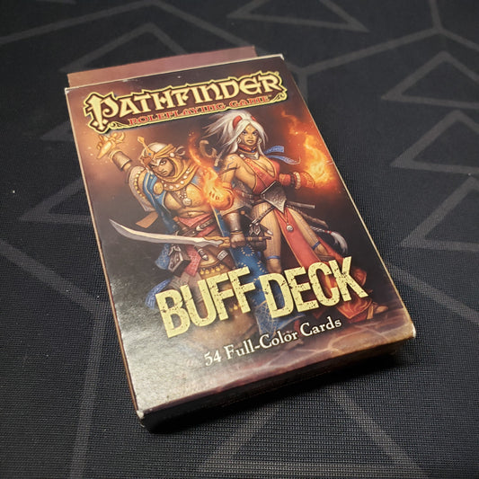 Image shows the front of the box of the Buff deck for the roleplaying game Pathfinder: First Edition