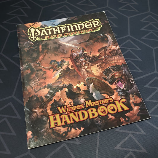 Image shows the front cover of the Weapon Master's Handbook book for the roleplaying game Pathfinder: First Edition