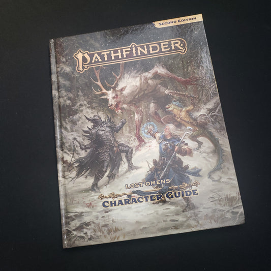 Image shows the front cover of the Lost Omens: Character Guide book for the Pathfinder 2E roleplaying game