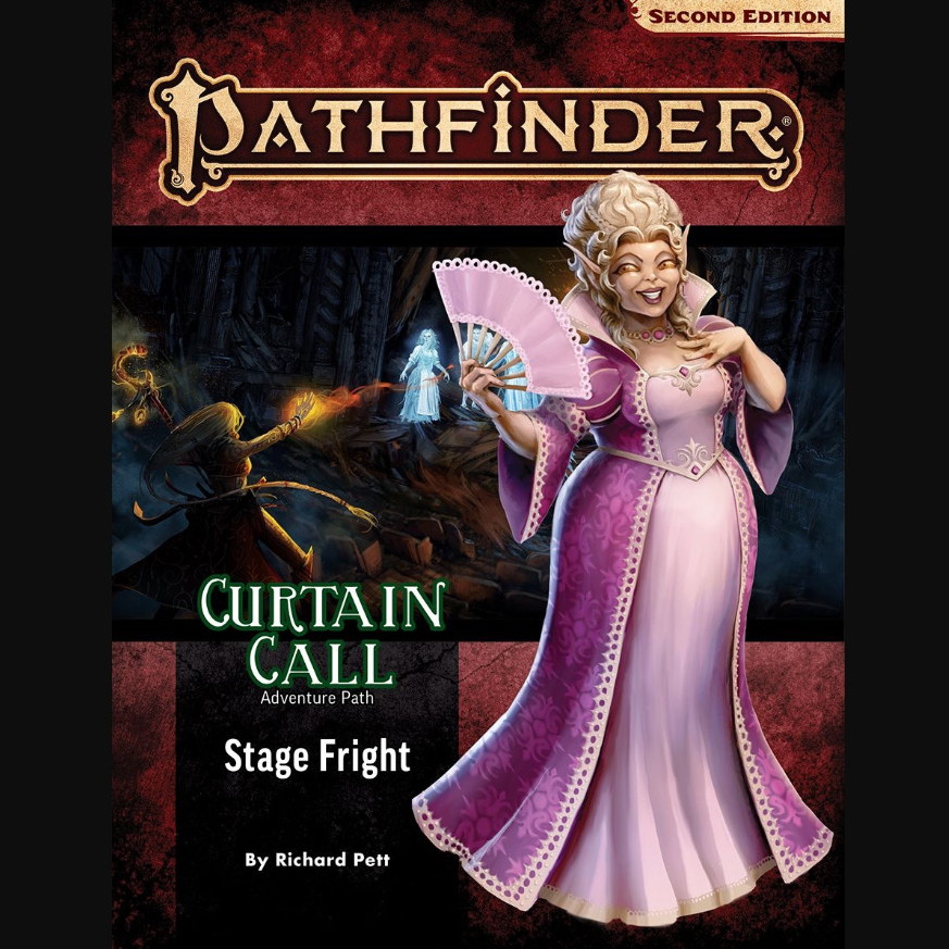 Image shows the front cover of the Curtain Call #1: Stage Fright book for the Pathfinder 2E roleplaying game