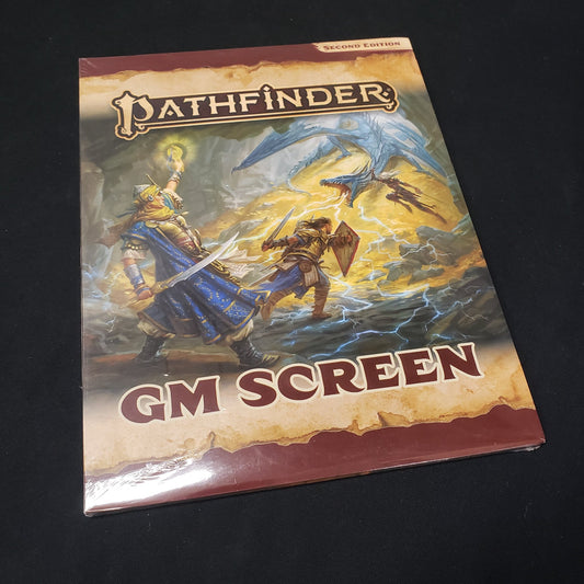 Image shows the front of the packaging for the GM Screen for the Pathfinder 2E roleplaying game