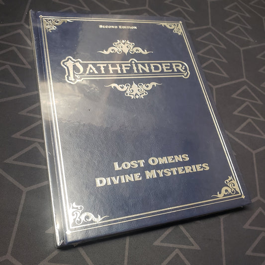 Image shows the front cover of the special edition of the Lost Omens: Divine Mysteries book for the roleplaying game Pathfinder 2E