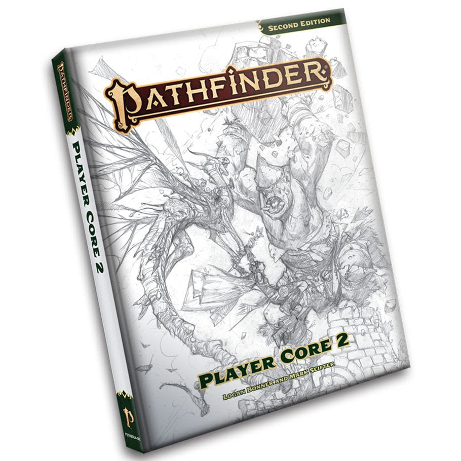 Image shows the front cover of the Player Core 2 book for the Pathfinder 2E roleplaying game with sketch variation artwork