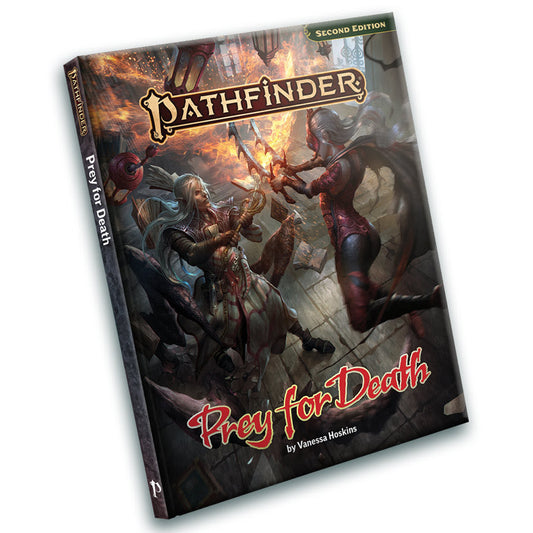 Image shows the front cover of the Prey for Death book for the Pathfinder 2E roleplaying game with its regular retail cover art