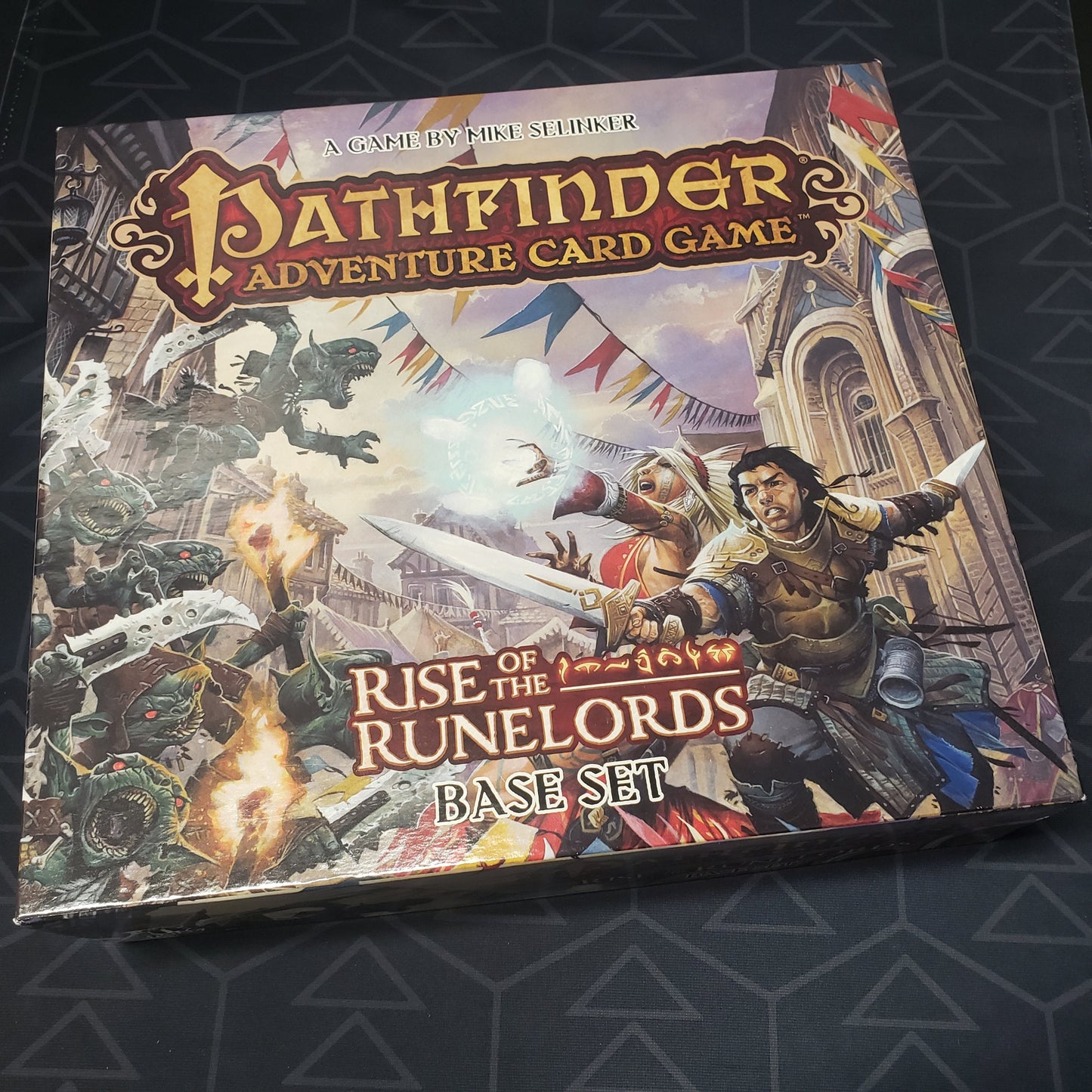 Image shows the front cover of the box for the Pathfinder Adventure Card Game: Rise of the Runelords Base Set
