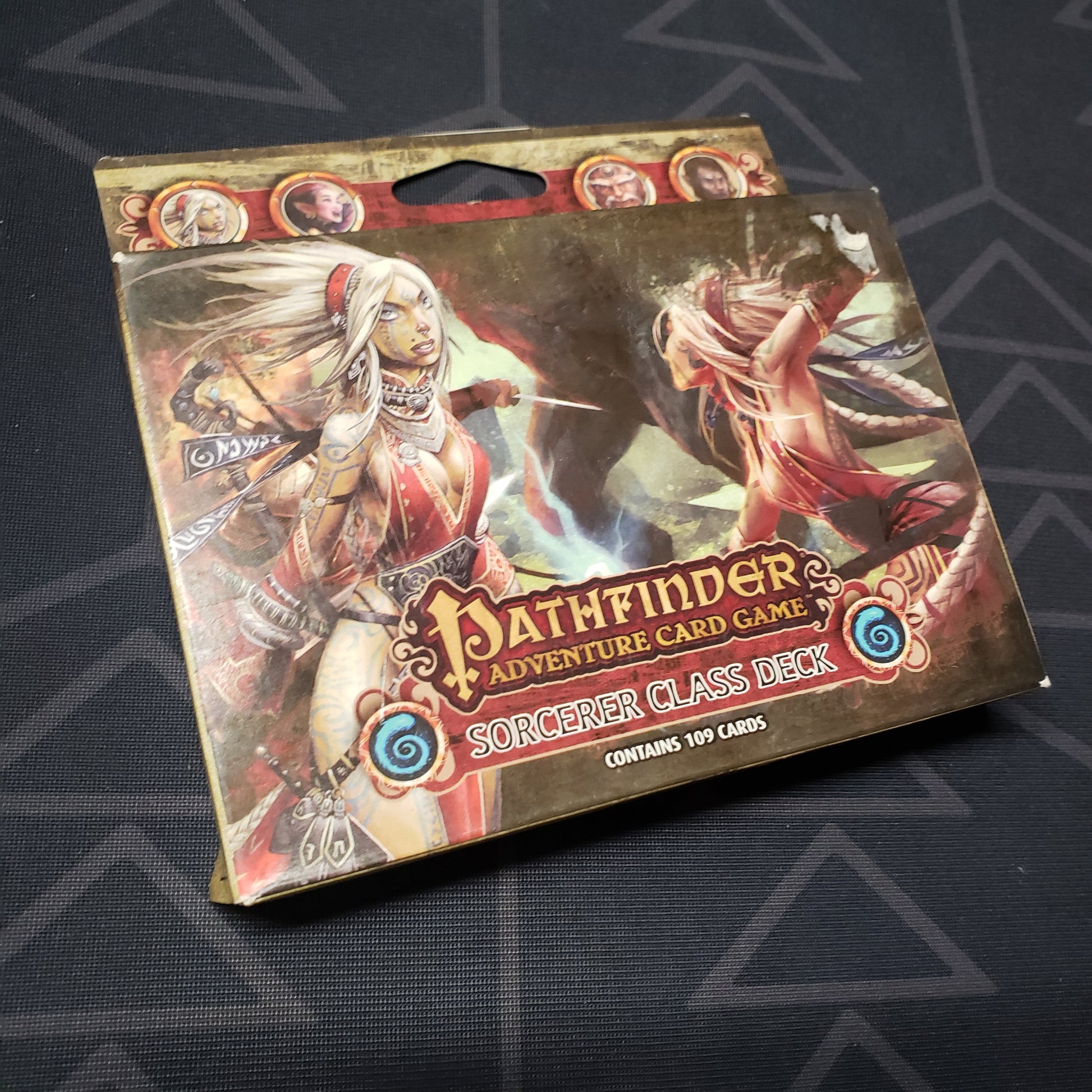 Image shows the front cover of the box of the Sorcerer Class Deck expansion for the Pathfinder Adventure Card Game