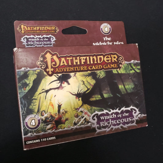 Image shows the front of the box of the Wrath of the Righteous: Adventure Deck 4 - The Midnight Isles for the Pathfinder Adventure Card Game