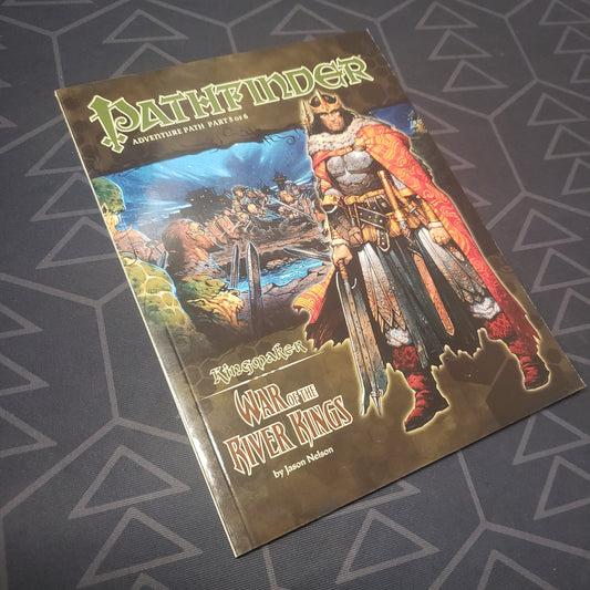 Image shows the front cover of the War of the River Kings book for the Pathfinder First Edition roleplaying game
