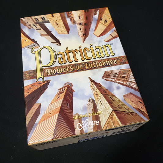 Image shows the front cover of the box of the Patrician: Towers of Influence board game