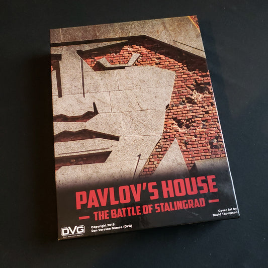 Image shows the front cover of the box of the Pavlov's House board game