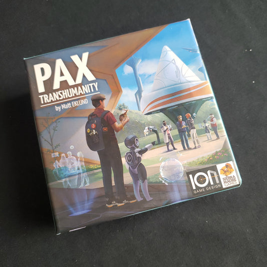 Image shows the front cover of the box of the Pax Transhumanity board game