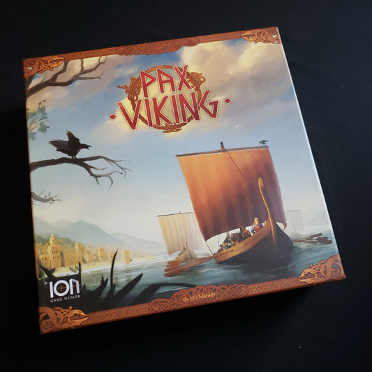 Image shows the front cover of the box of the Pax Viking board game